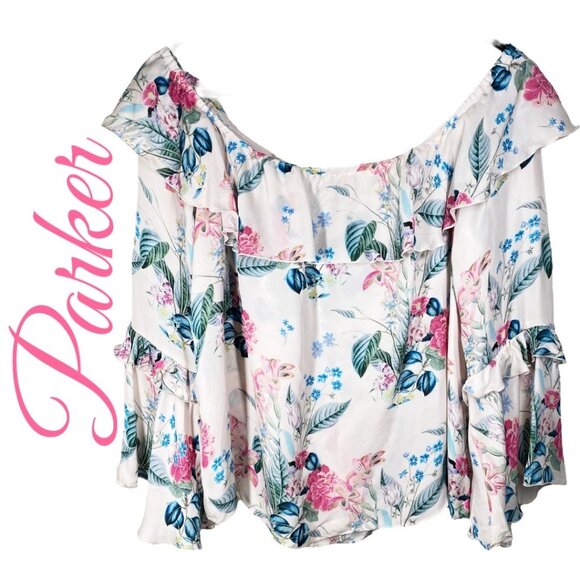 PARKER ERIN BOHEMIAN 100% SILK RUFFLED FLORAL OFF THE SHOULDER BLOUSE, LARGE - Picture 7 of 14